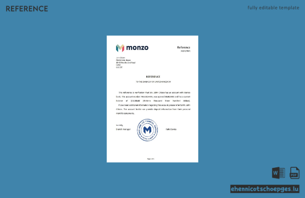 Beispiel für eine Referenz der Monzo Bank in Großbritannien